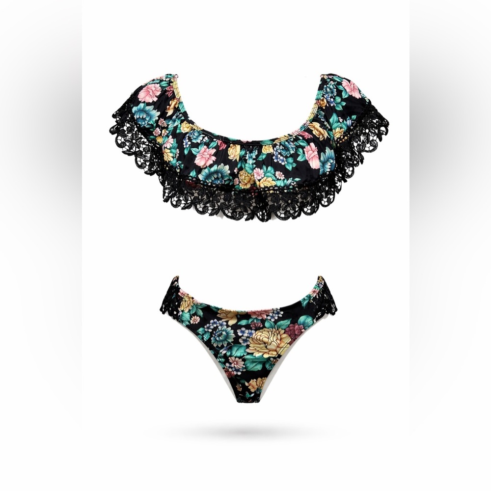 Time and Tru Floral Lace Bikini Set Black Yellow Size M
